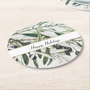Dessous-de-verre Rond En Papier Vintage Olive Branch Joyeuses Fêtes