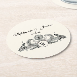 Dessous-de-verre Rond En Papier Vintage Paons Monogramme Ivoire BG