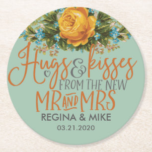 Dessous-de-verre Rond En Papier Vintage Rose Hugs Baisers New M. Mme Mariage