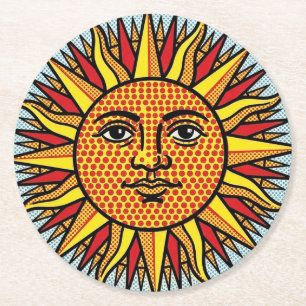 Dessous-de-verre Rond En Papier Visage de Soleil Céleste dans le Style Pop Art de