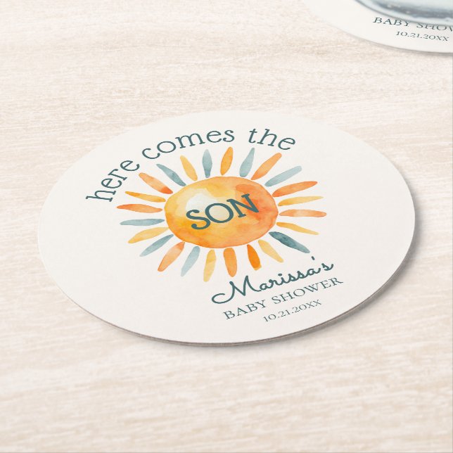 Dessous-de-verre Rond En Papier Voici le Fils Baby Boy Shower (Incliné)
