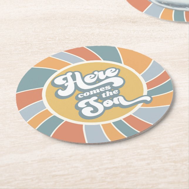 Dessous-de-verre Rond En Papier Voici Le Son Super Retro Baby shower Soleil (Incliné)