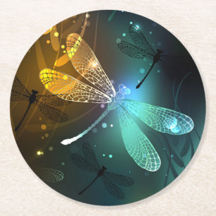 Dessous-de-verre Rond En Papier Vol de libellule verte lumineuse