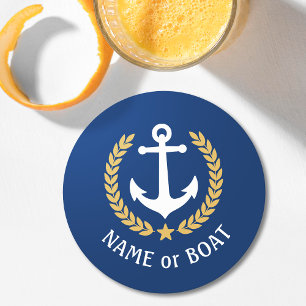 Dessous-de-verre Rond En Papier Votre nom de bateau Ancre Gold Laurel Star Blue