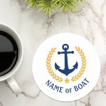 Dessous-de-verre Rond En Papier Votre nom de bateau Ancre Gold Laurel Star White<br><div class="desc">Un ensemble personnalisé de dessous de verre en papier rond sur le thème nautique avec votre nom de bateau, votre nom de famille ou tout autre texte souhaité, au besoin. Doté d'une ancre vintage conçue sur mesure, de feuilles de laurier de style or et d'emblème d'étoile sur le blanc ou...</div>