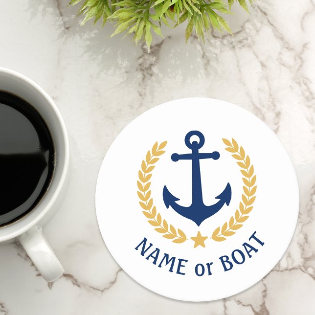 Dessous-de-verre Rond En Papier Votre nom de bateau Ancre Gold Laurel Star White (Créateur téléchargé)