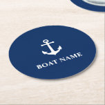 Dessous-de-verre Rond En Papier Votre nom de bateau et Ancre nautique Vintage Mari<br><div class="desc">Votre nom de bateau personnalisé et Ancre nautique Vintage Marine Dessous de verre de papier rond bleu marine.</div>