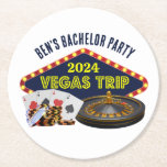 Dessous-de-verre Rond En Papier Voyage de Bachelor Party personnalisable Casino La<br><div class="desc">Personnalisez vos propres dessous de verre de voyage de bachelor party pour un séjour à Las Vegas. Un dessous de verre personnalisé cool avec des éléments essentiels de casino tels qu'un jeu de cartes, des jetons de poker et une roulette avec 'Vegas Trip' en écriture jaune. Un design amusant pour...</div>