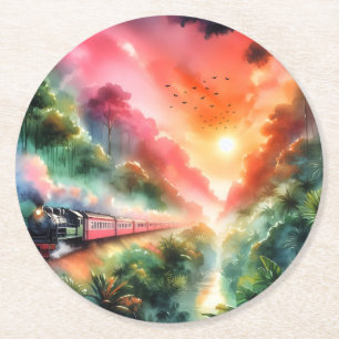 Dessous-de-verre Rond En Papier Voyage en train au coucher de soleil tropical aqua