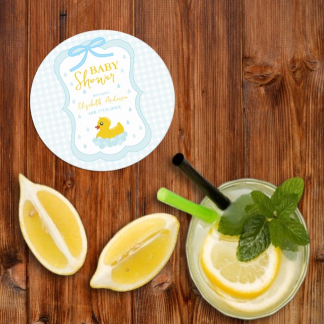 Dessous-de-verre Rond En Papier Water Droplets Gingham Boy Baby Shower (Créateur téléchargé)