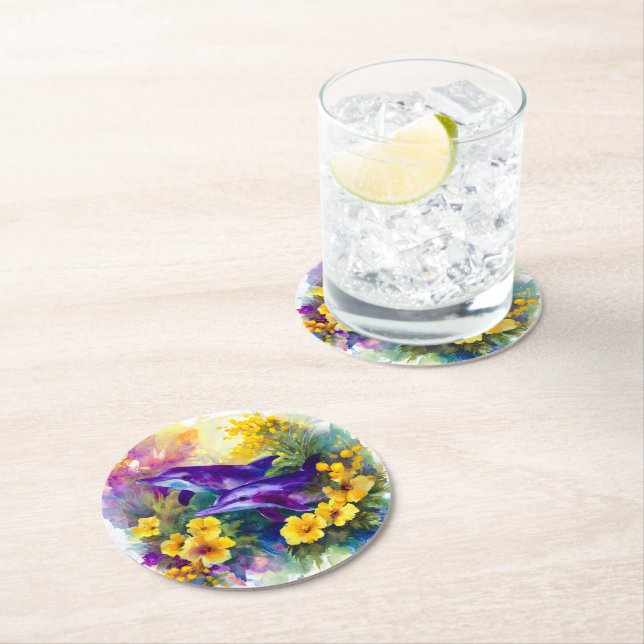 Dessous-de-verre Rond En Papier Watercolor Ocean Dolphins Tropical Flowers (En situation)