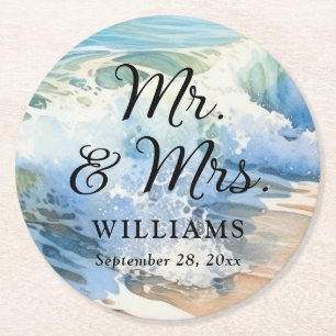 Dessous-de-verre Rond En Papier Watercolor Rolling Sea Waves M. et Mme Mariage
