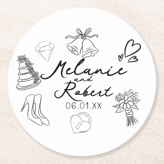 Dessous-de-verre Rond En Papier Wedding Doodle Save the Dates Wedding Anniversary  (Devant)