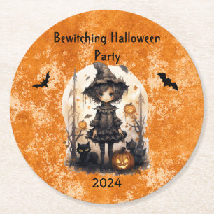 Dessous-de-verre Rond En Papier Whimsical Halloween Witch et ses amis Feline