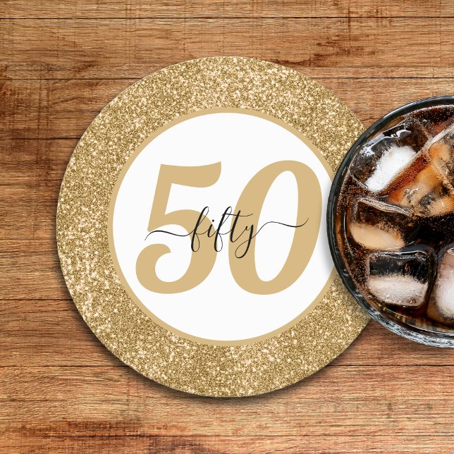 Dessous-de-verre Rond En Papier White & Gold Parties scintillant 50 Cinquante ans  (White & Gold Glitter 50 Fifty Years 50th Birthday Round Paper Coaster
)