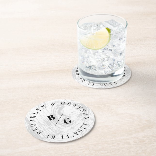 Dessous-de-verre Rond En Papier White Rustic Woodgrain Texture Chic Mariage d'hive (En situation)