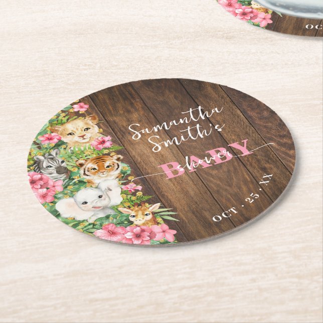 Dessous-de-verre Rond En Papier Wild One Animals Rustic Pink Safari Baby Shower (Incliné)