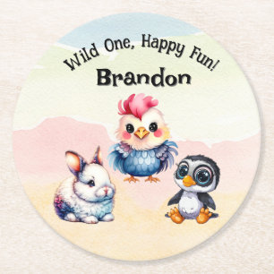 Dessous-de-verre Rond En Papier Wild One Happy Fun Woodland Animaux Aquarelle