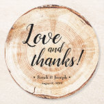 Dessous-de-verre Rond En Papier Wood Grain Rustic Mariage Amour et Merci Mariage<br><div class="desc">Créez une touche mémorable et personnalisée pour vos invités mariages avec ces "Mariage de bois Grain Rustic Love and Thanks Dessous de verre de papier rond" : 🥂 Keepsaké personnalisé : Customisez ces dessous de verre de papier avec vos noms (mariée et mariée) et votre date de mariage, en créant...</div>