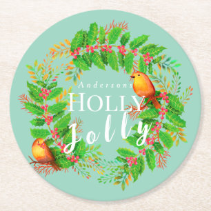 Dessous-de-verre Rond En Papier Wreath Holly Jolly Famille Lumière Turquoise