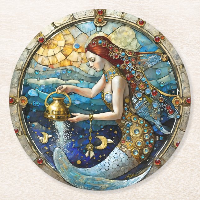 Dessous-de-verre Rond En Papier Zodiac - Aquarius La Sirène Du Porteur D'Eau (Devant)