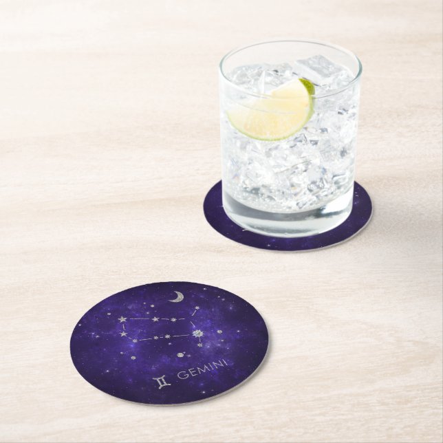 Dessous-de-verre Rond En Papier Zodiac Purple Gemini | Horoscope d'astrologie cosm (En situation)