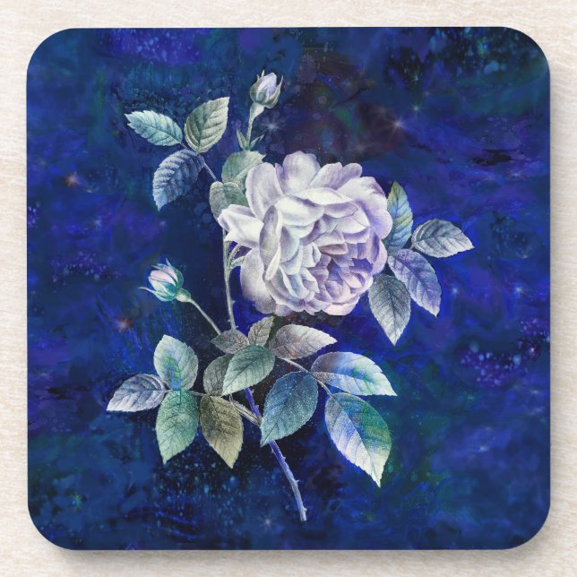 Dessous-de-verre Rose blanche sur fond bleu marine texturé (Devant)
