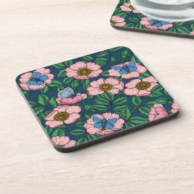 Dessous-de-verre Rose de chien et papillons (Côté gauche)