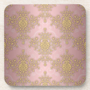 Dessous-de-verre Rose Féminin et Motif Damassé Doré