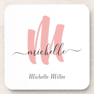 Dessous-de-verre rose moderne blanc monogramme nom commercial initi