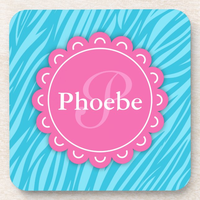 Dessous-de-verre Rose Moderne Fleur Monogramme Aqua Blue Zebra Impr (Devant)
