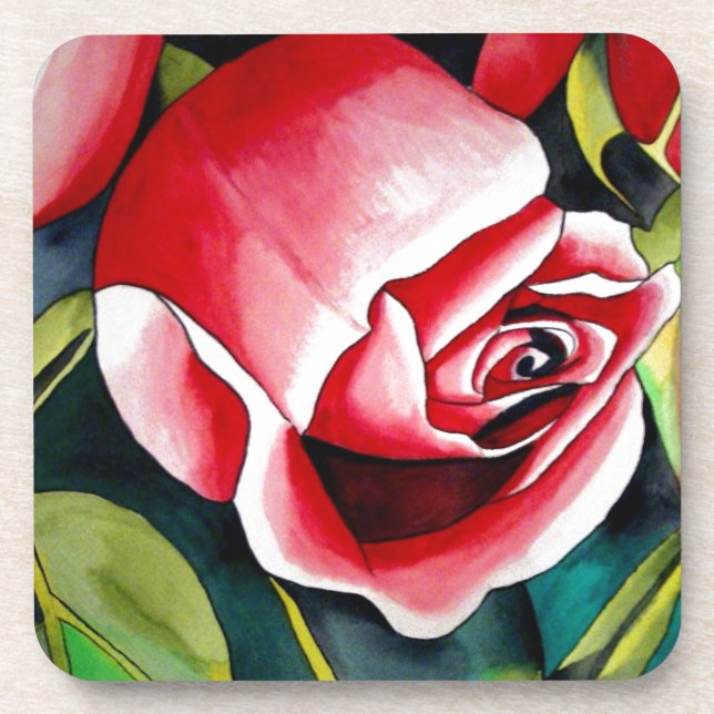 Dessous-de-verre Rosebud rose aquarelle peinture art fleur (Devant)