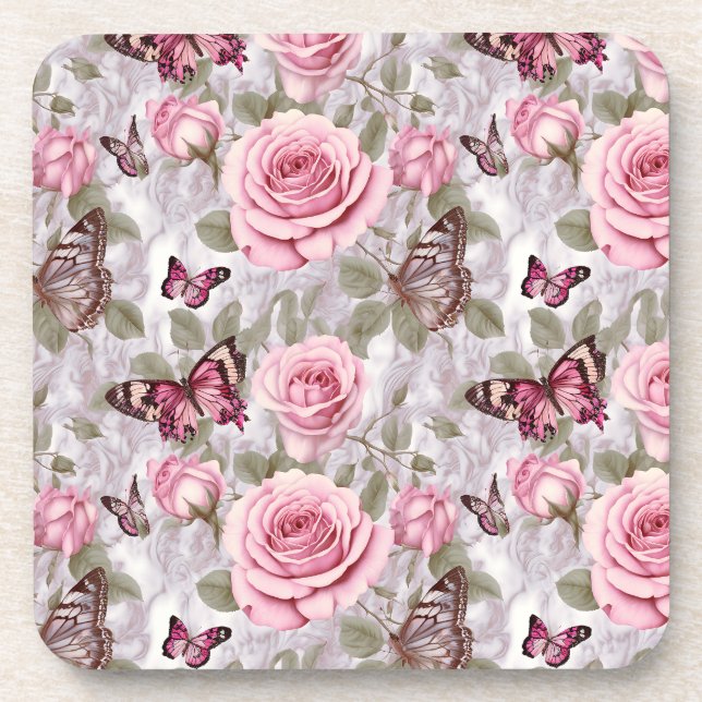 Dessous-de-verre Roses roses roses et papillons Aquarelle Florale (Devant)