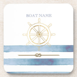 Dessous-de-verre Roue de bateau en or nautique, rayures d'aquarelle