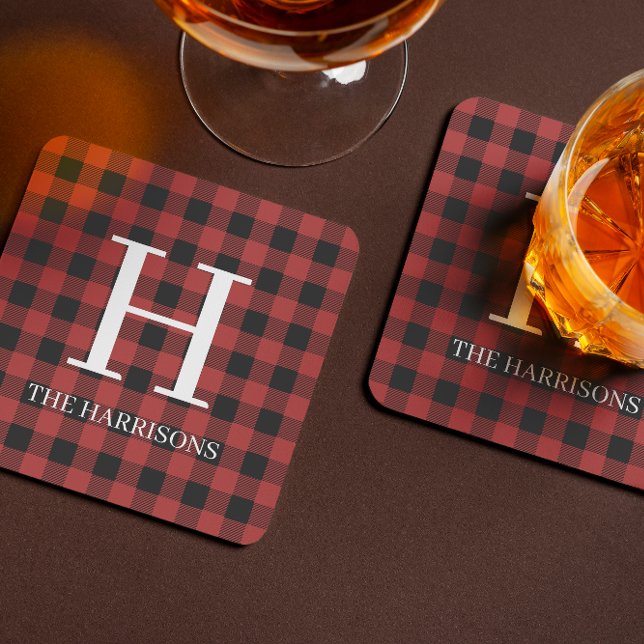 Dessous-de-verre Rouge plaid buffalo noir monogramme vacances (Créateur téléchargé)