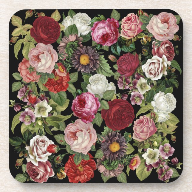 Dessous-de-verre Rouge rustique floral verdure noir (Devant)