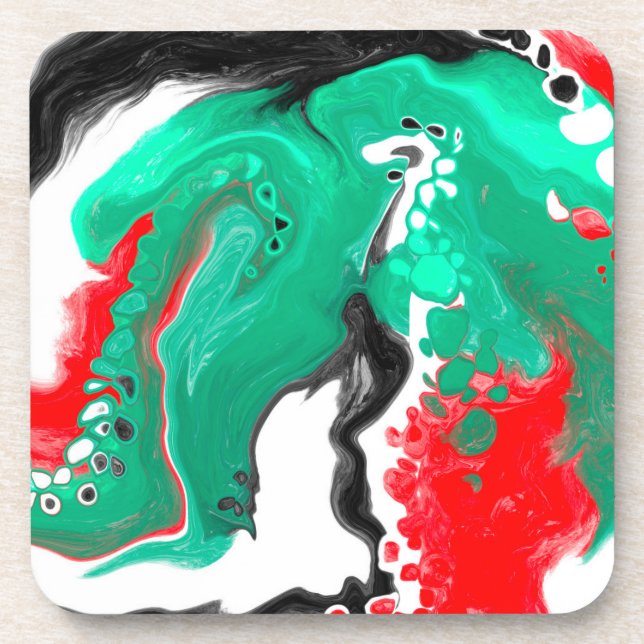 Dessous-de-verre Rouge, vert, noir et Marbre blanc Fluid Art (Devant)