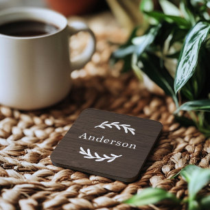 Dessous-de-verre Rustic Dark Brown Wood Laurel Nom Monogramme