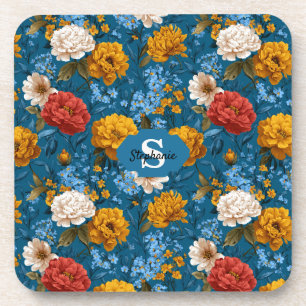 Dessous-de-verre Rustique Vintage coloré motif floral en bleu