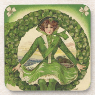 Dessous-de-verre Saint-Patrick vintage, Couronne avec jeune Irlanda