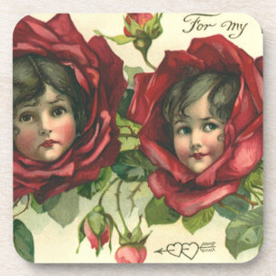 Dessous-de-verre Saint Valentin vintage, Visages victoriens en Rose