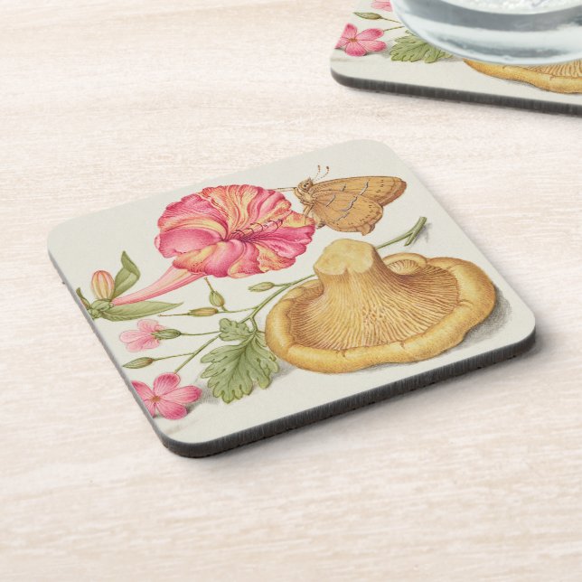 Dessous-de-verre Scène de jardin avec fleurs, papillon et champigno (Côté gauche)