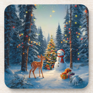 Dessous-de-verre Scène de l'arbre de Noël Cerf Faon Bonhomme de nei