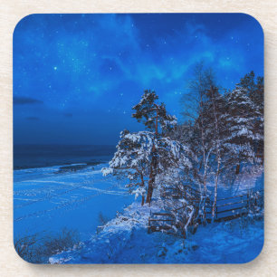 Dessous-de-verre Scène hivernale nocturne avec pins enneigés