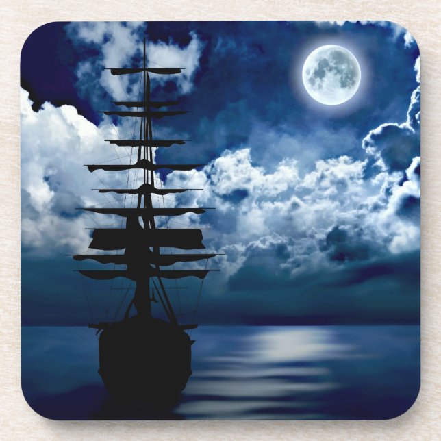 Dessous-de-verre Schiff bei Vollmond Kork-Untersetzer (Devant)