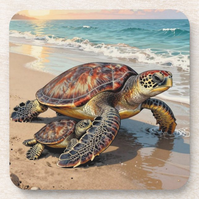 Dessous-de-verre Sea Turtle and Baby on Beach Illustration (Devant)