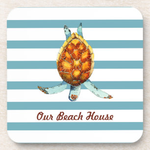 Dessous-de-verre Sea Turtle Our Beach House on Dark Aqua Stripes