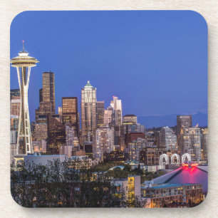 Dessous-de-verre Seattle, centre-ville et mont Rainier au crépuscul