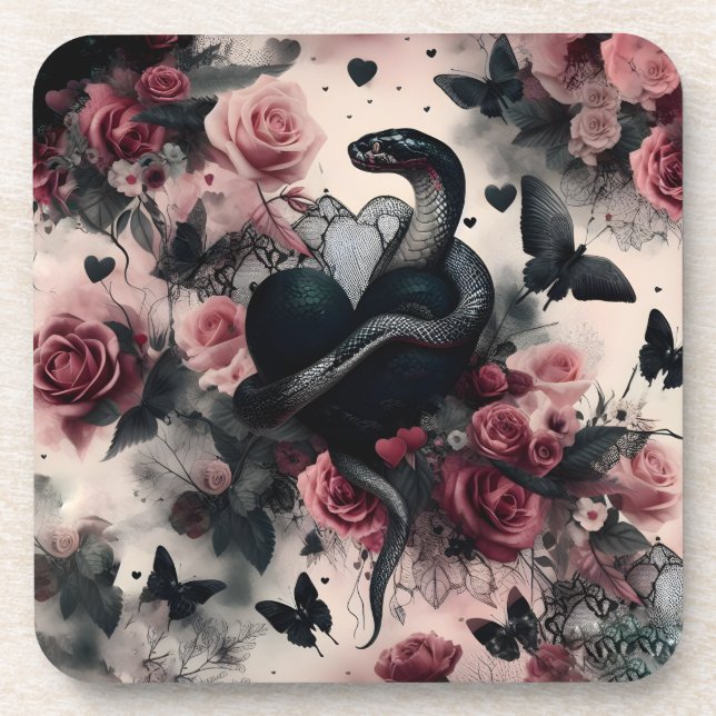 Dessous-de-verre Serpent Enveloppé Autour Du Coeur Avec Roses (Devant)
