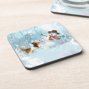 Dessous-de-verre Sheldon le Sheltie et le Bonhomme de Neige